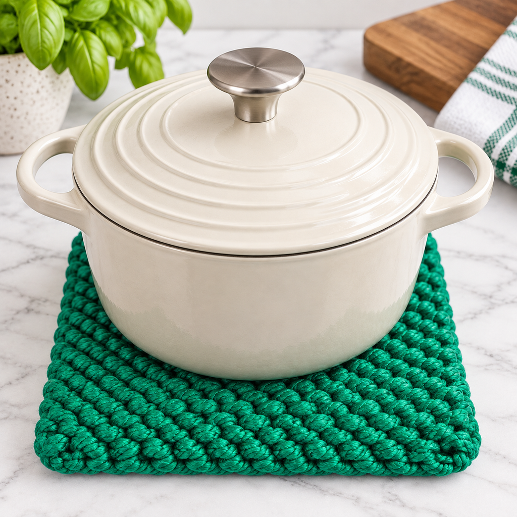 EMERALD GREEN HAND KNITTED TRIVET/POT STAND