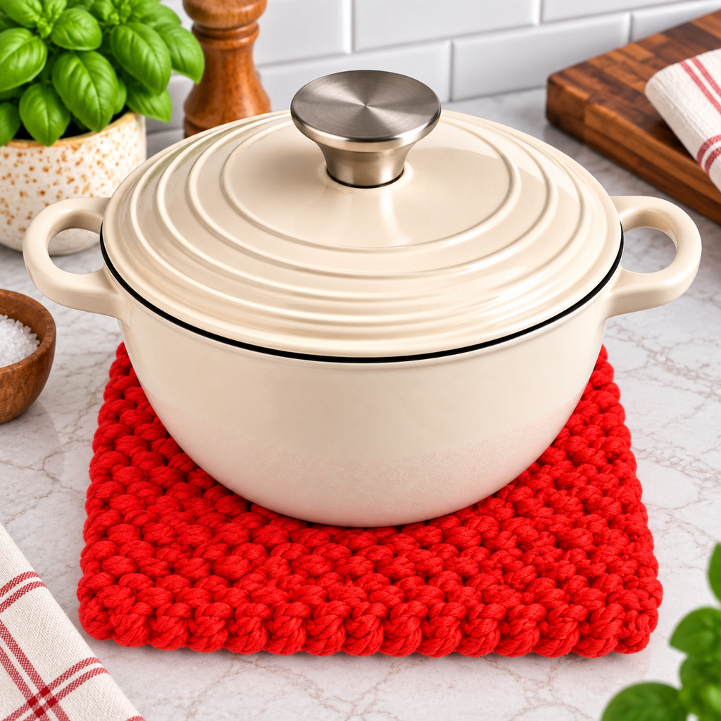 RED HAND KNITTED TRIVET/POT STAND