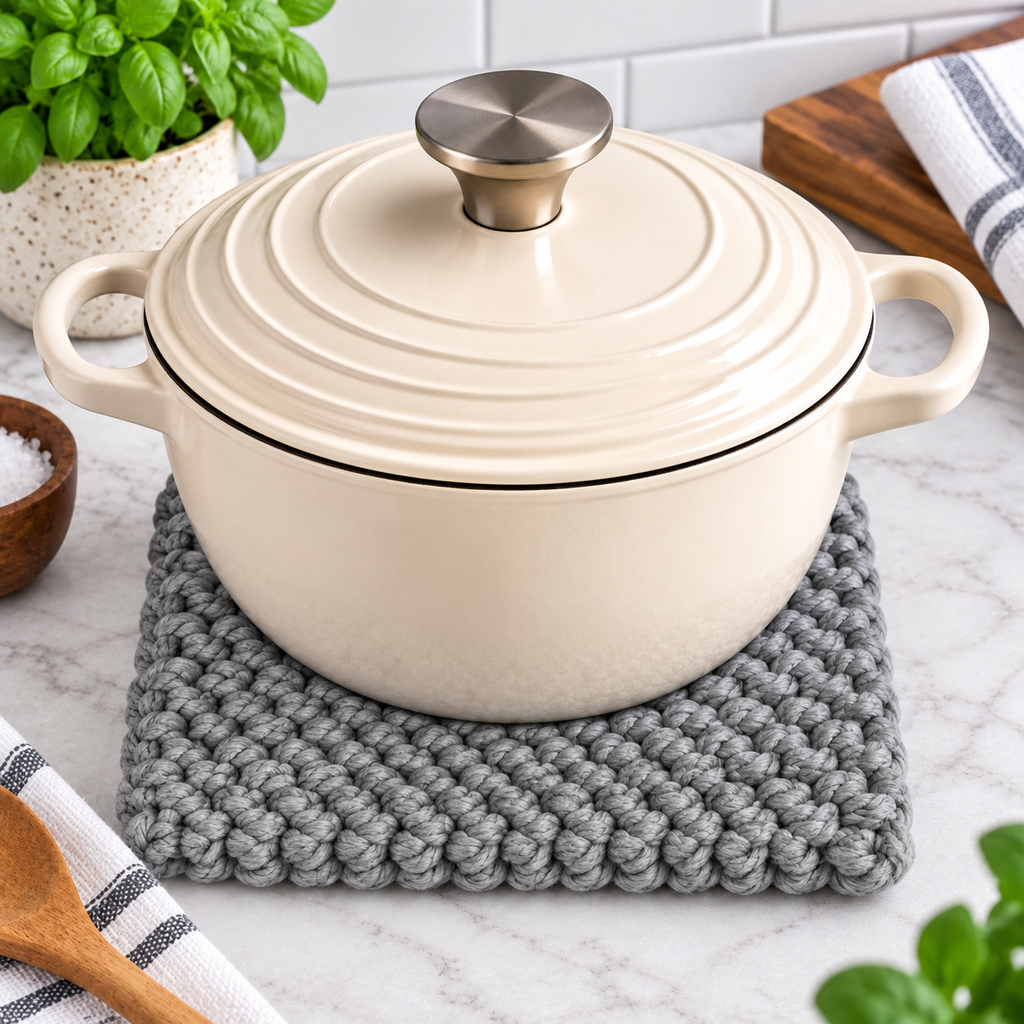 GREY HAND KNITTED TRIVET/POT STAND