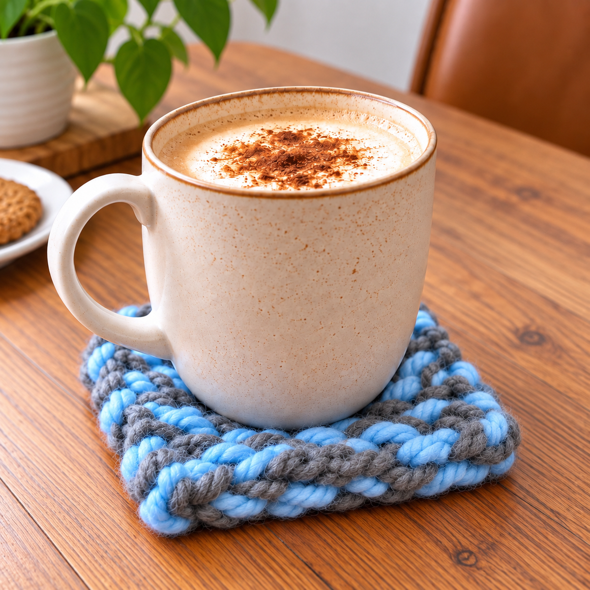 LIGHT BLUE & GREY HAND KNITTED COASTER SET