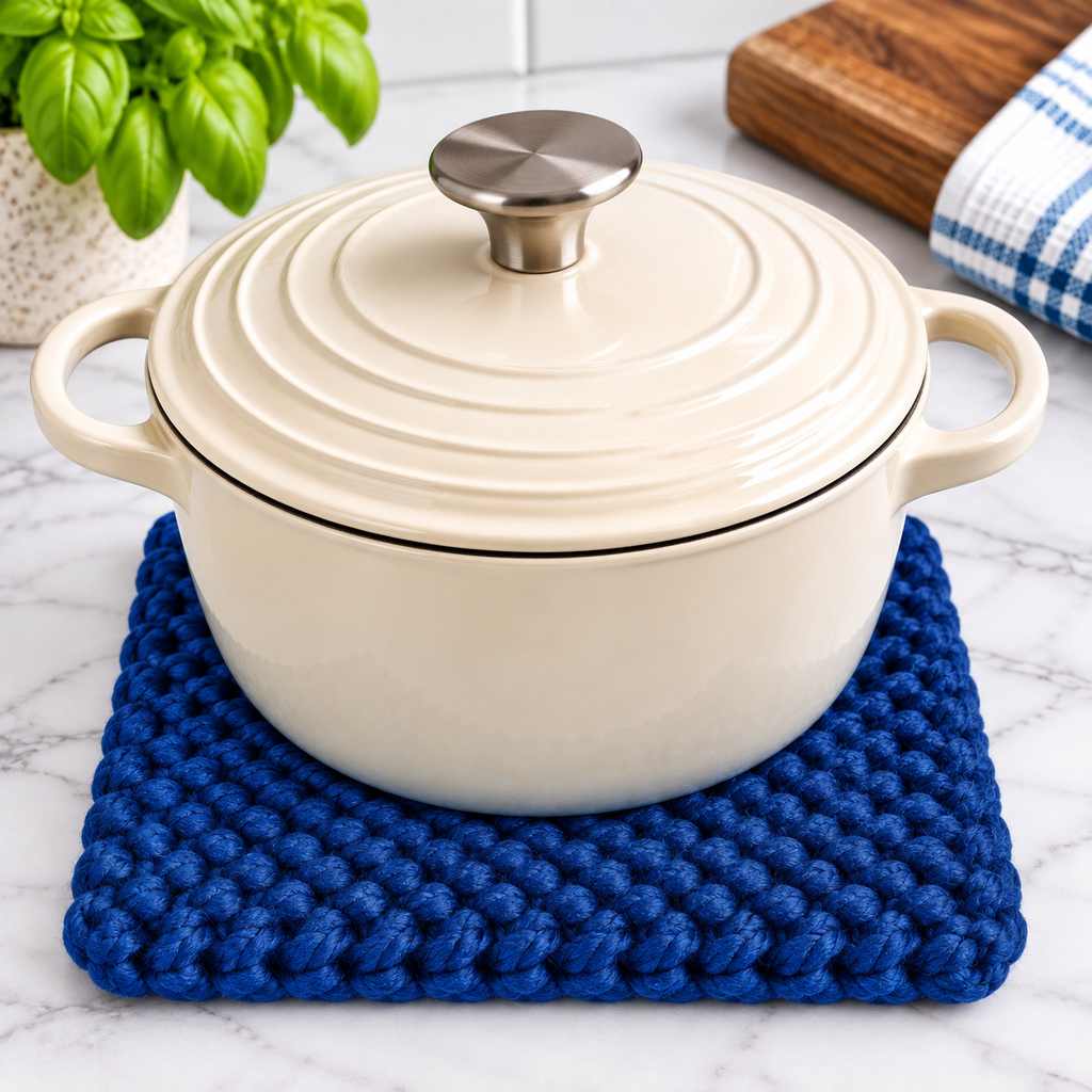 BLUE HAND KNITTED TRIVET/POT STAND