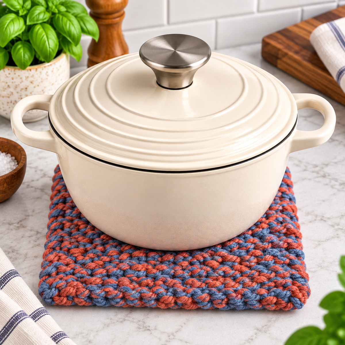 RUST & BLUE HAND KNITTED TRIVET/POT STAND