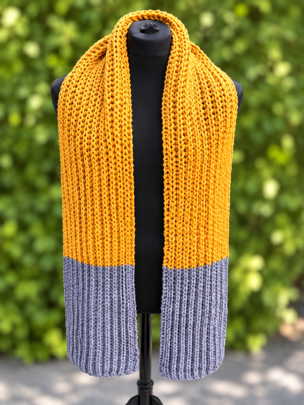 Hand knitted Mustard & Grey chunky rib pattern scarf