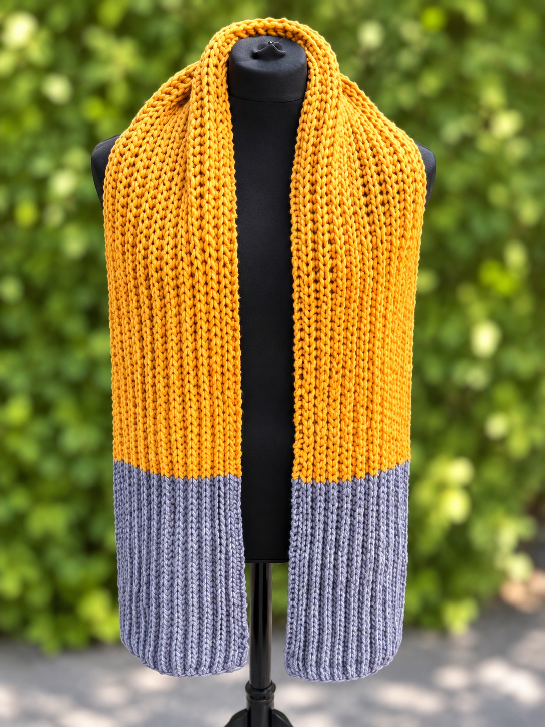 Hand knitted Mustard & Grey chunky rib pattern scarf
