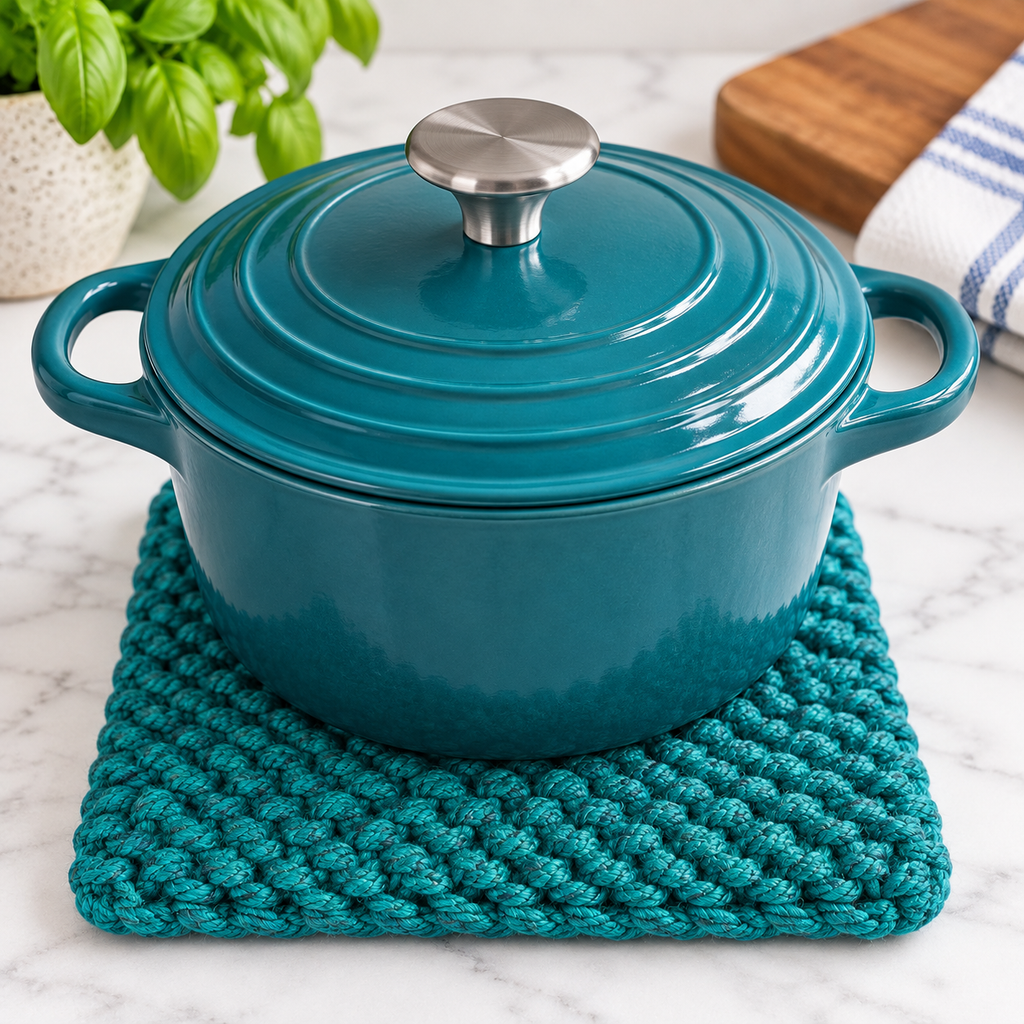 PEACOCK GREEN HAND KNITTED TRIVET/POT STAND