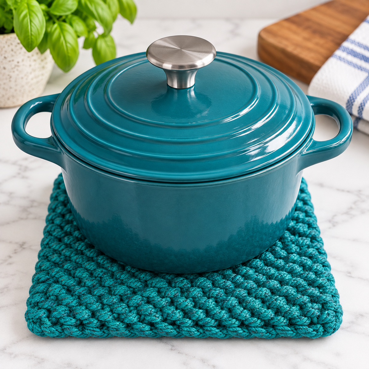 PEACOCK GREEN HAND KNITTED TRIVET/POT STAND