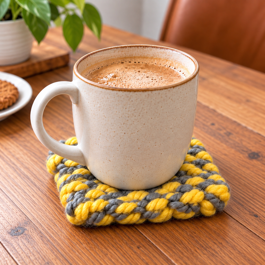 YELLOW & GREY HAND KNITTED COASTER SET