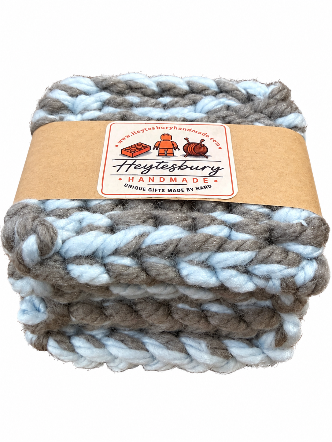 PALE BLUE & GREY HAND KNITTED COASTER SET
