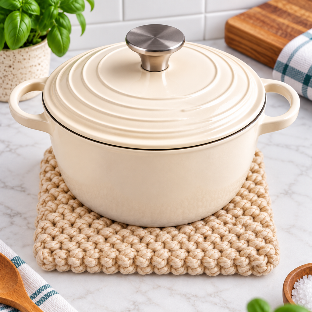 BEIGE HAND KNITTED TRIVET/POT STAND