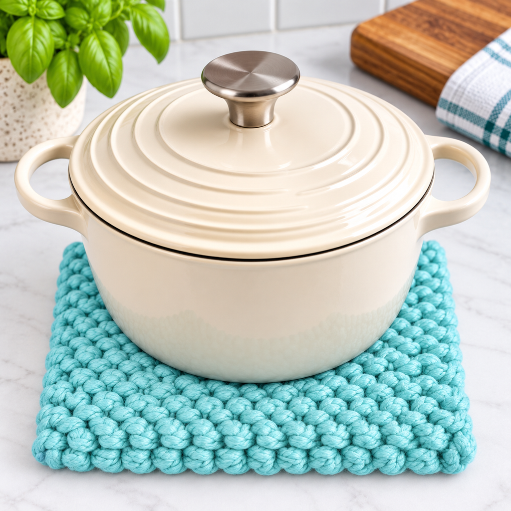 PALE BLUE HAND KNITTED TRIVET/POT STAND