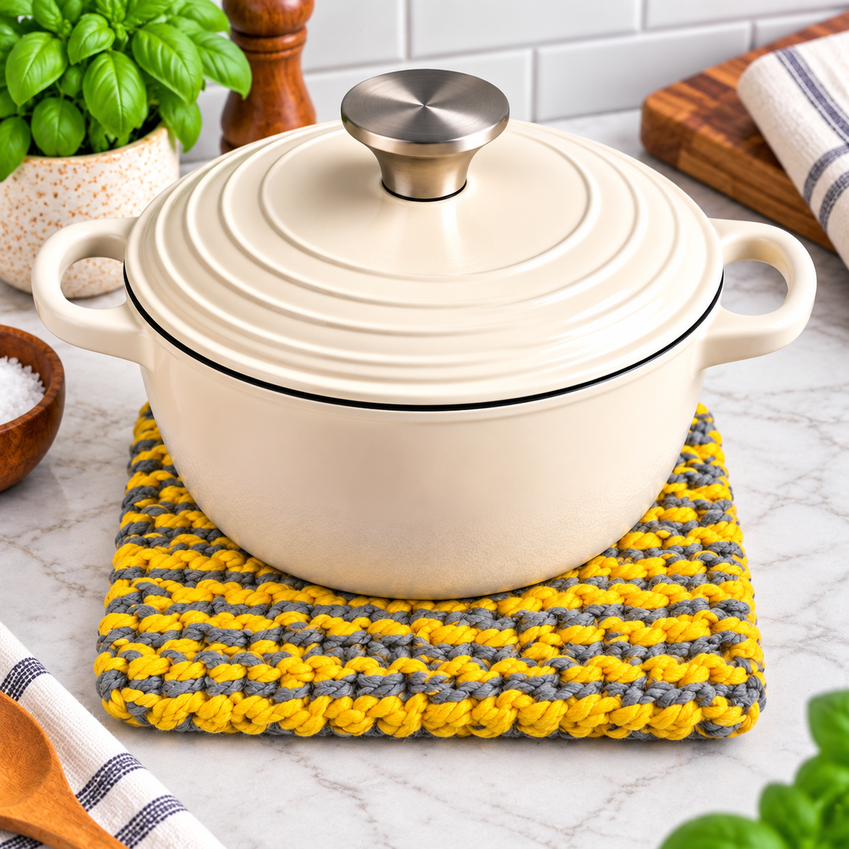 YELLOW & GREY HAND KNITTED TRIVET/POT STAND