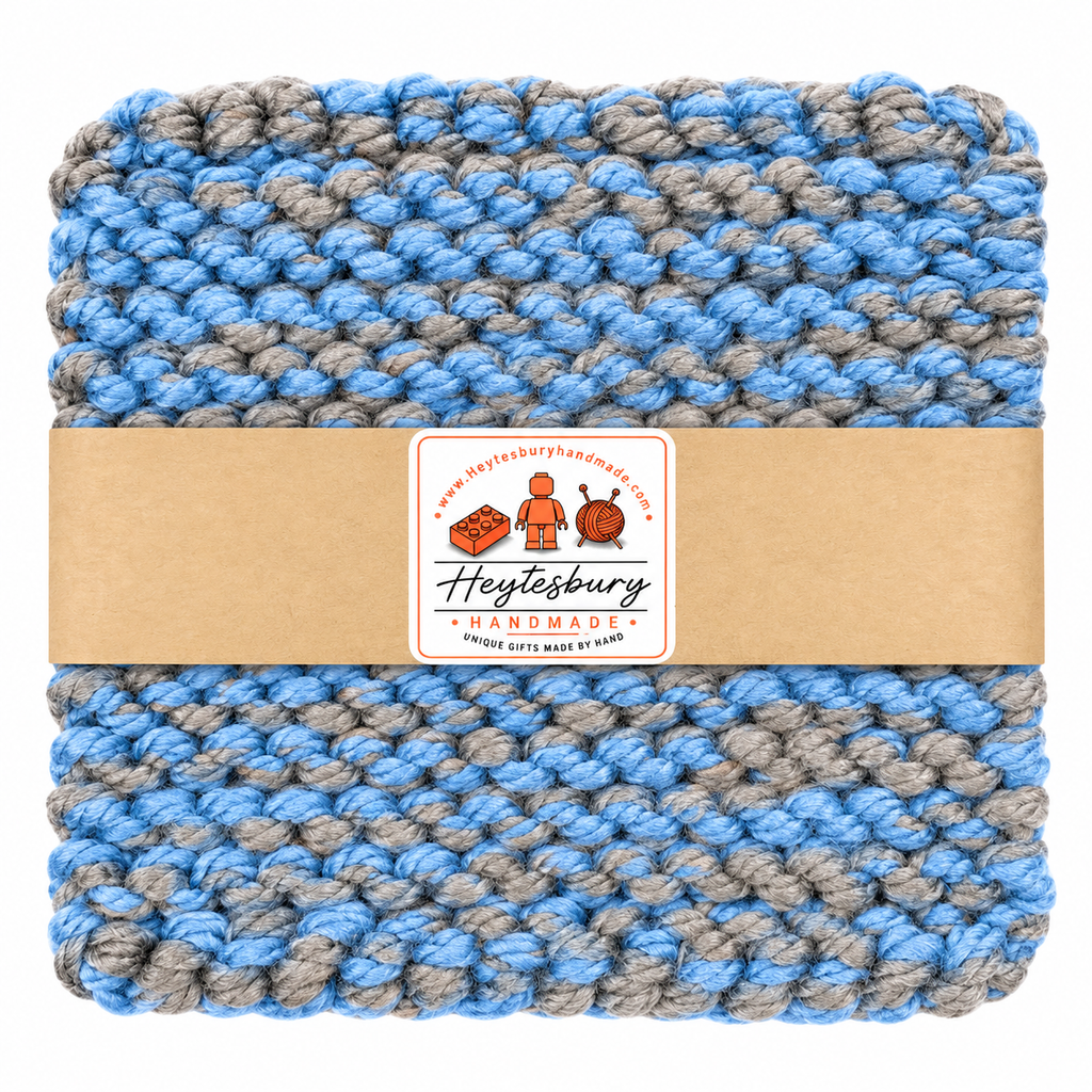 LIGHT BLUE & GREY HAND KNITTED TRIVET/POT STAND