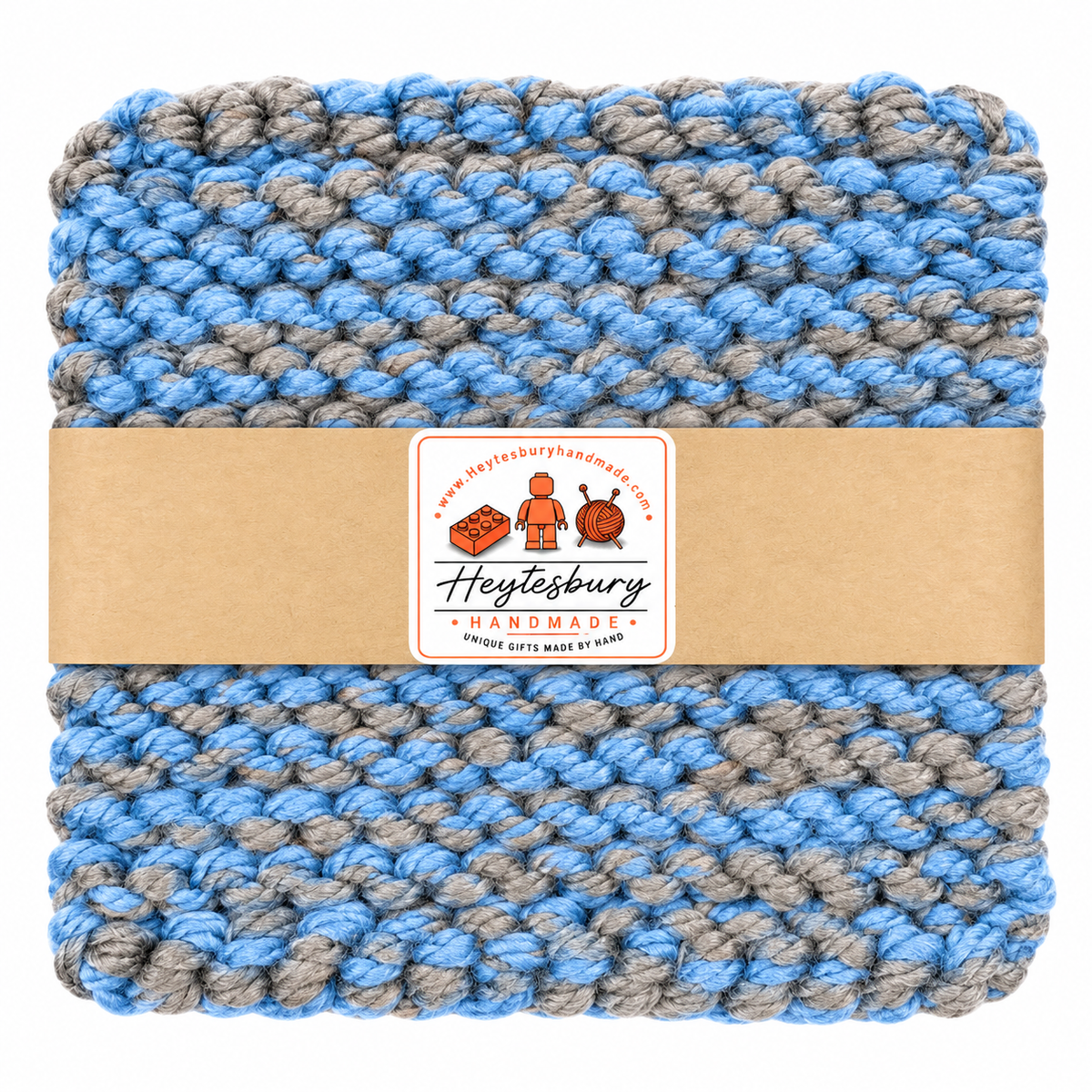 LIGHT BLUE & GREY HAND KNITTED TRIVET/POT STAND