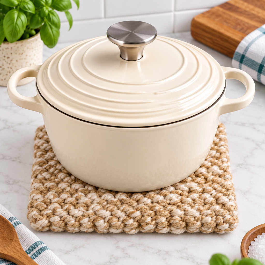 TAN & BEIGE HAND KNITTED TRIVET/POT STAND