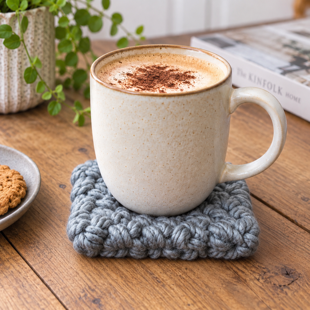 GREY HAND KNITTED COASTER SET