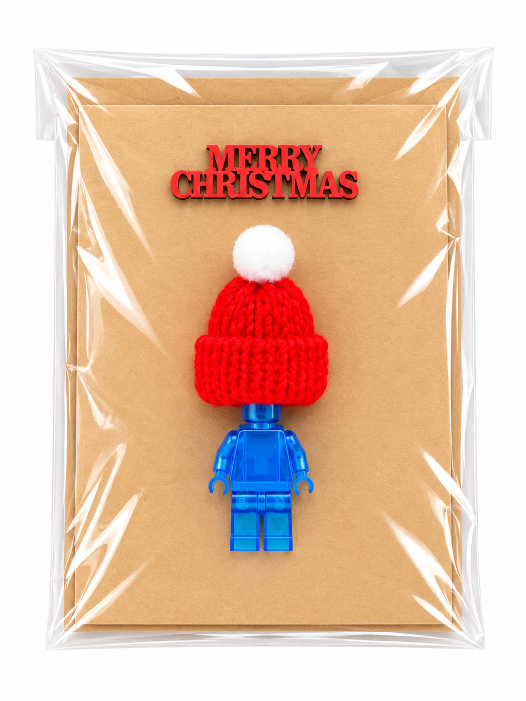 TRANSPARENT BLUE BRICK MAN SANTA CHRISTMAS CARD