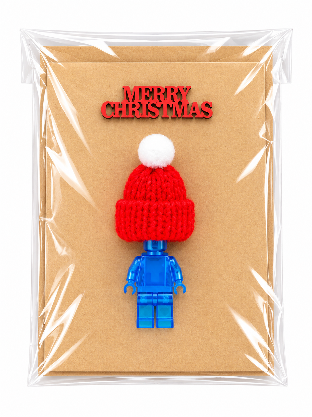 TRANSPARENT BLUE BRICK MAN SANTA CHRISTMAS CARD