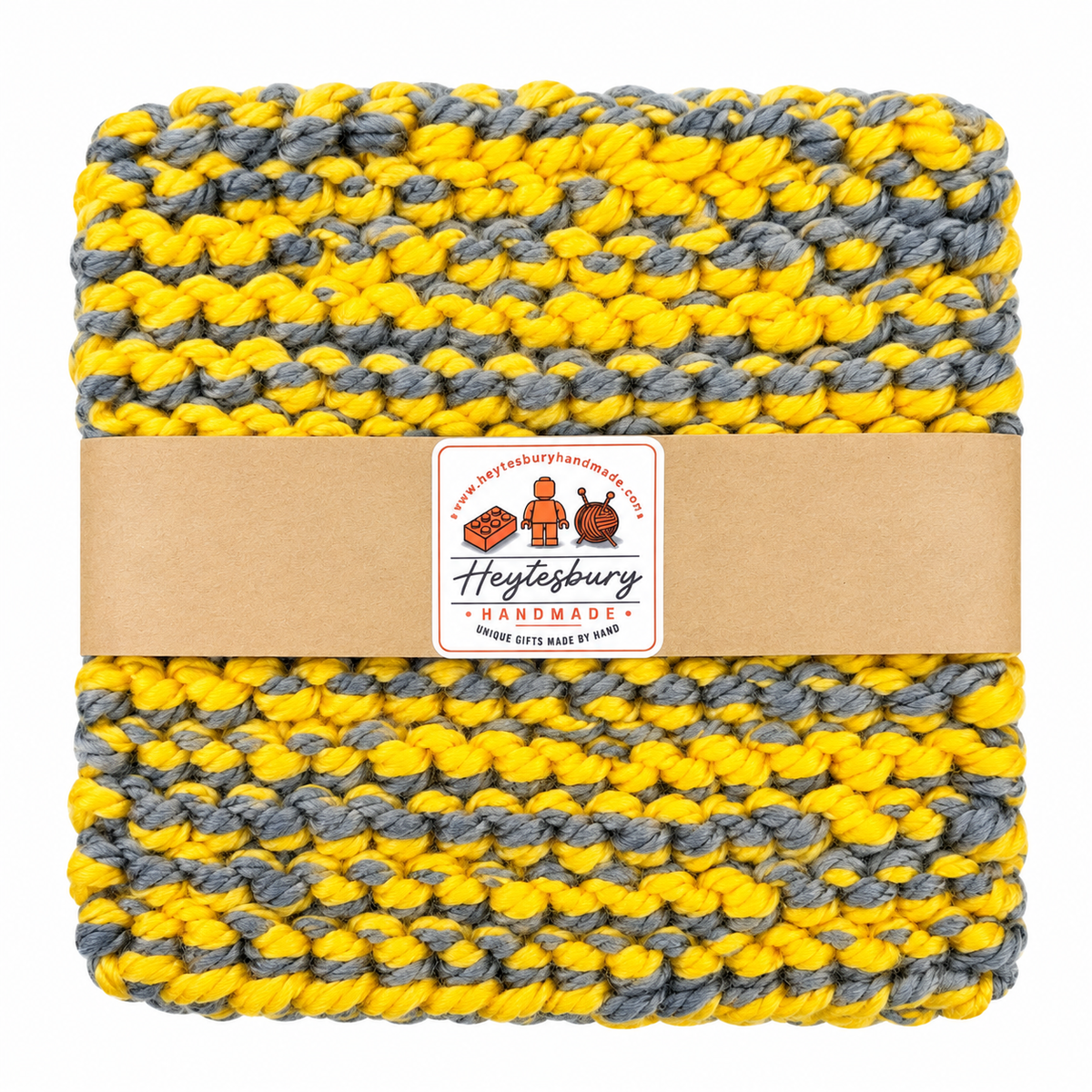 YELLOW & GREY HAND KNITTED TRIVET/POT STAND