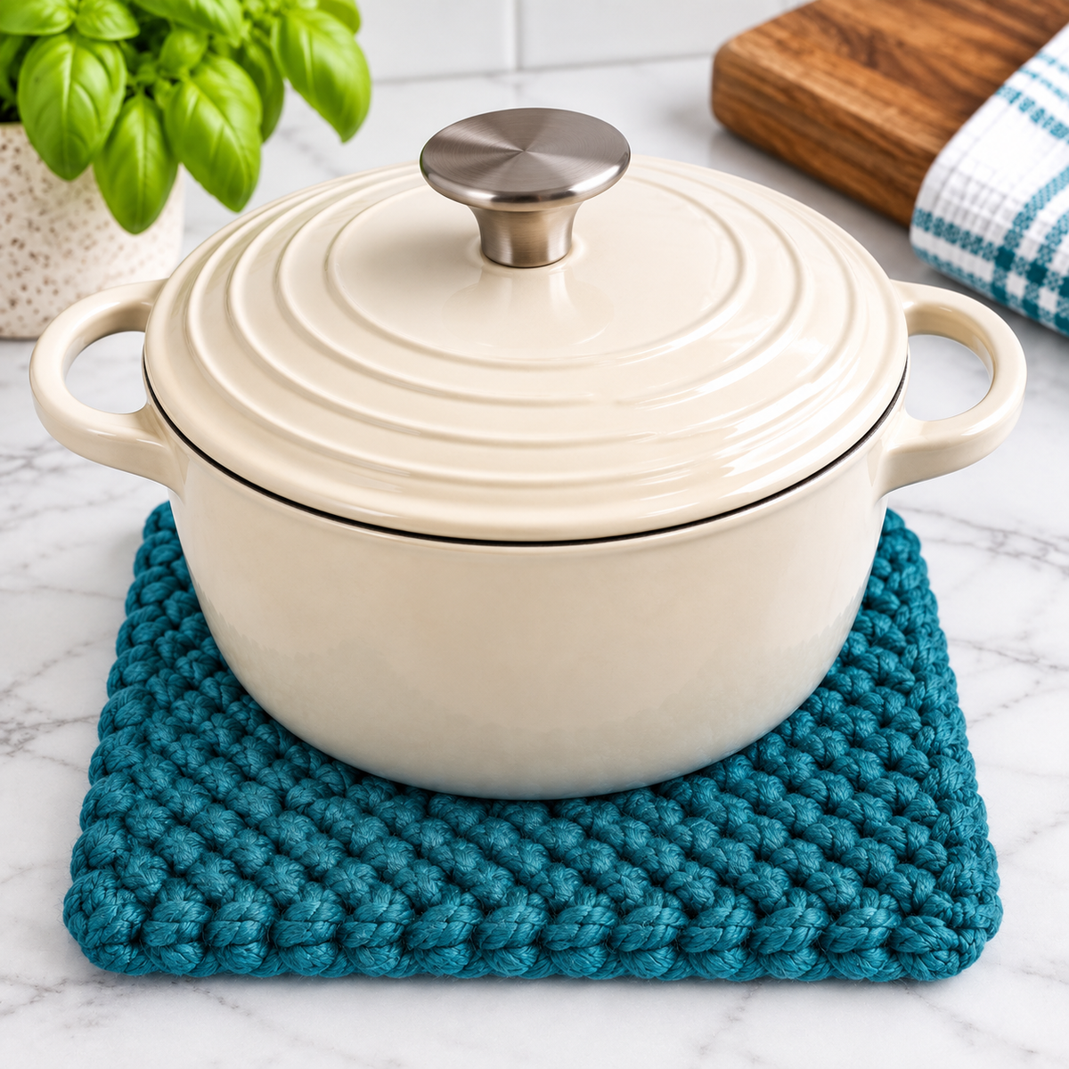 DARK TEAL HAND KNITTED TRIVET/POT STAND