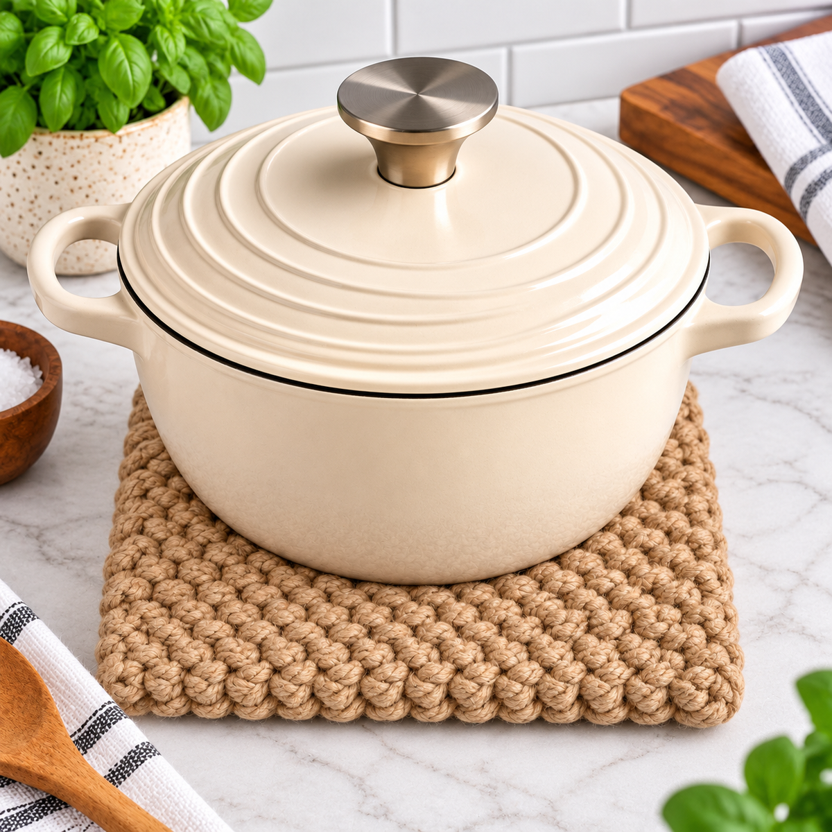 TAN HAND KNITTED TRIVET/POT STAND