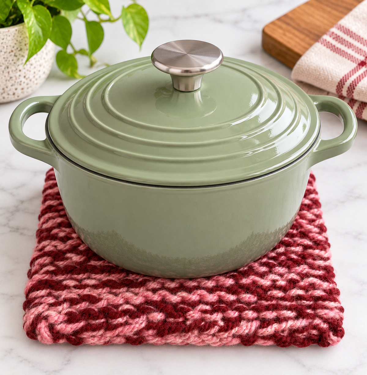 MAROON & PINK HAND KNITTED TRIVET/POT STAND