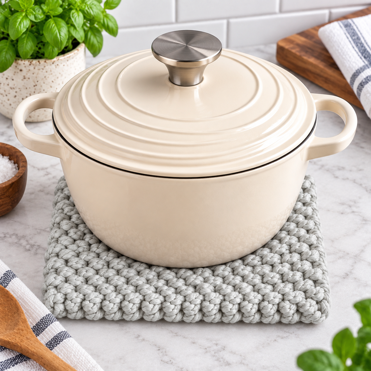 LIGHT GREY HAND KNITTED TRIVET/POT STAND