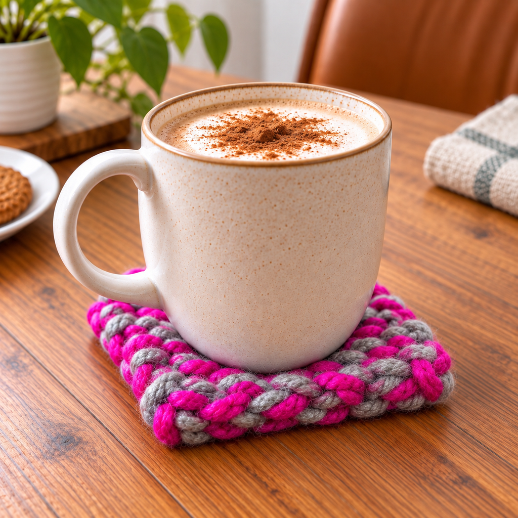 PINK & GREY HAND KNITTED COASTER SET