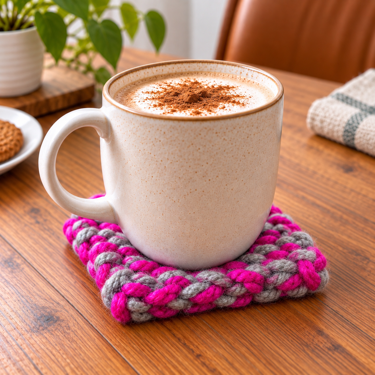 PINK & GREY HAND KNITTED COASTER SET