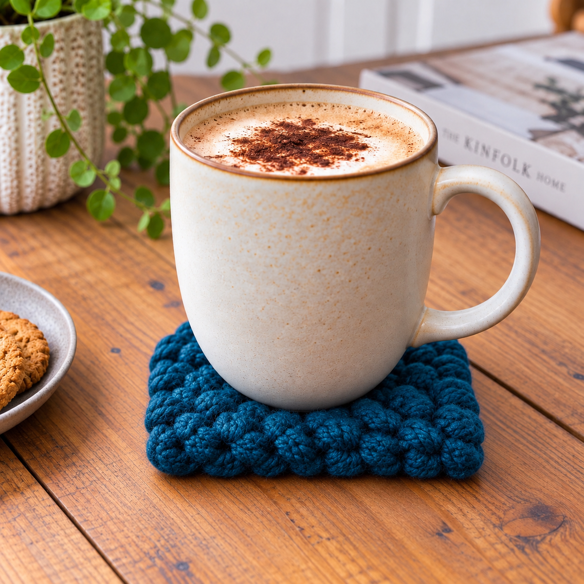 PETROL BLUE HAND KNITTED COASTER SET