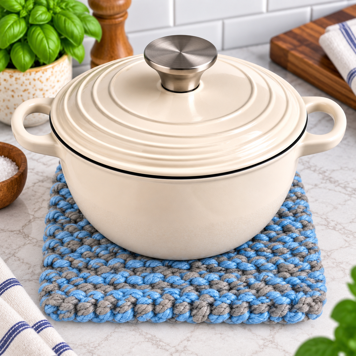 LIGHT BLUE & GREY HAND KNITTED TRIVET/POT STAND