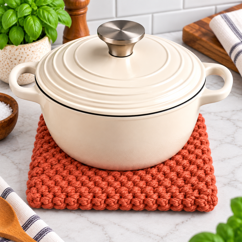 RUST HAND KNITTED TRIVET/POT STAND