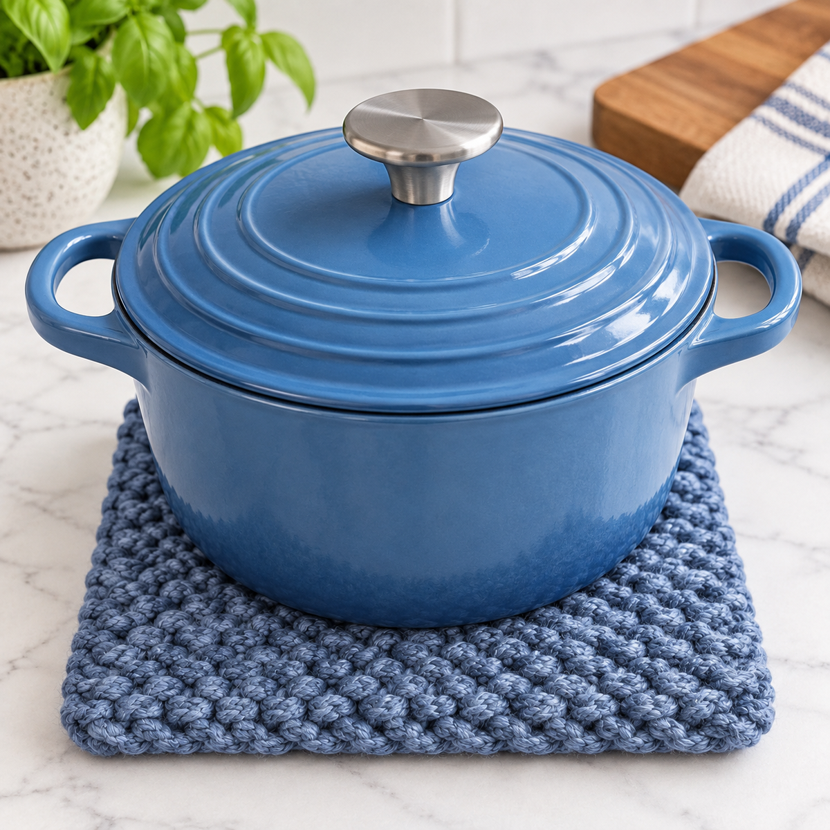 DENIM BLUE HAND KNITTED TRIVET/POT STAND