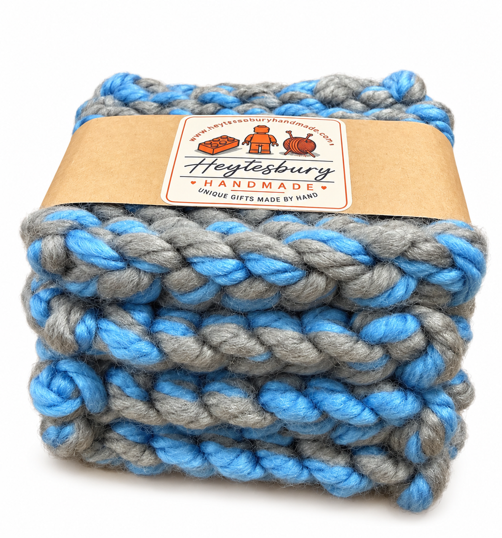 LIGHT BLUE & GREY HAND KNITTED COASTER SET