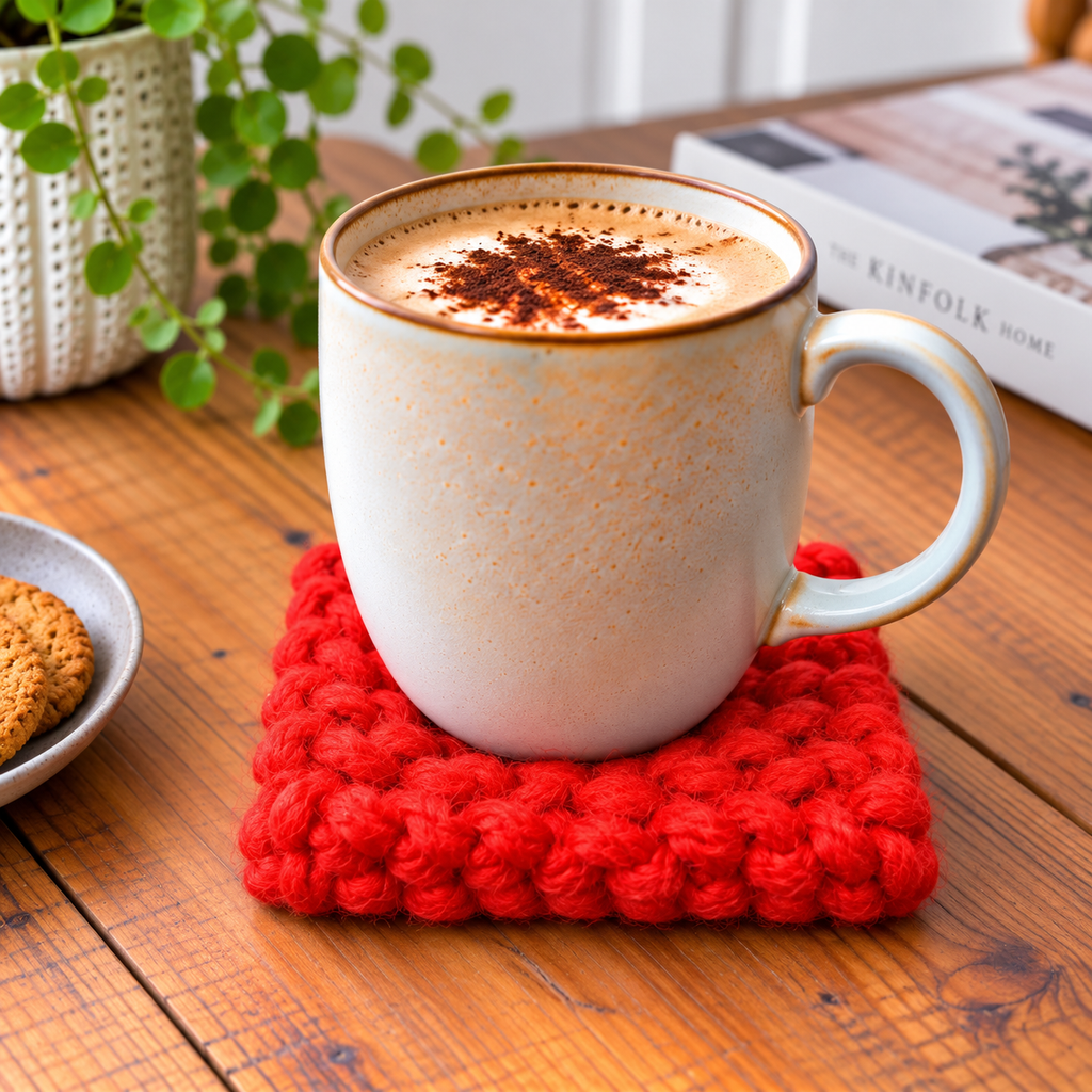 RED HAND KNITTED COASTER SET