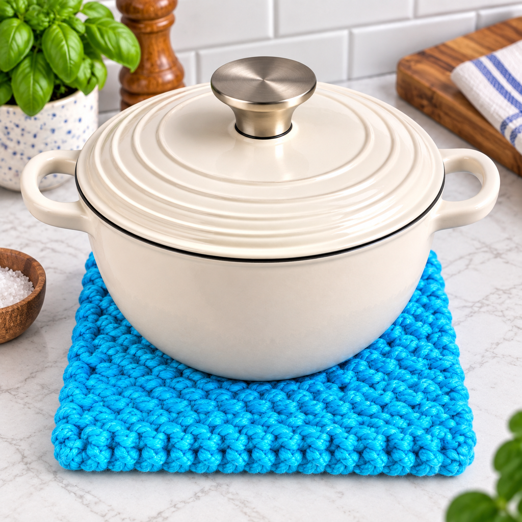 TURQUOISE HAND KNITTED TRIVET/POT STAND