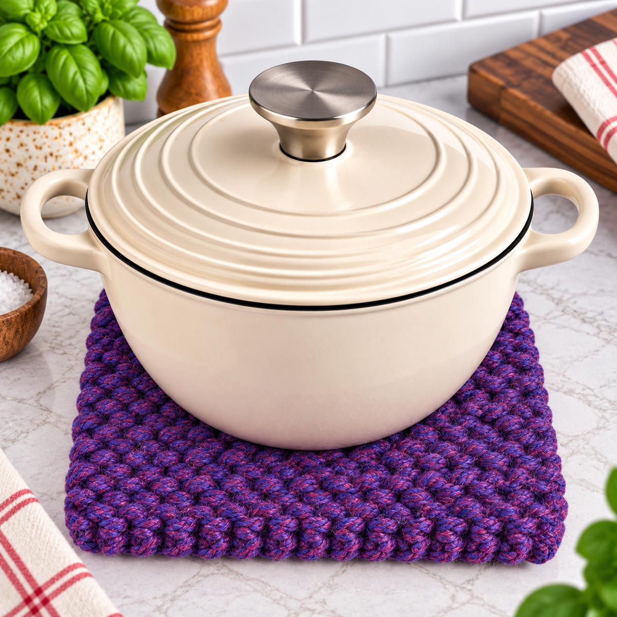 PLUM HAND KNITTED TRIVET/POT STAND