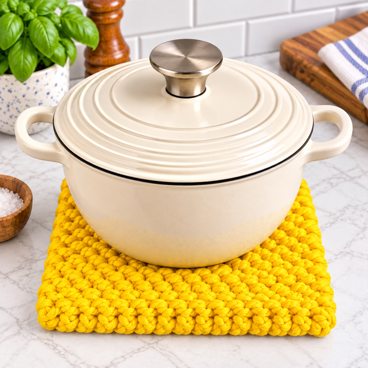 YELLOW HAND KNITTED TRIVET/POT STAND