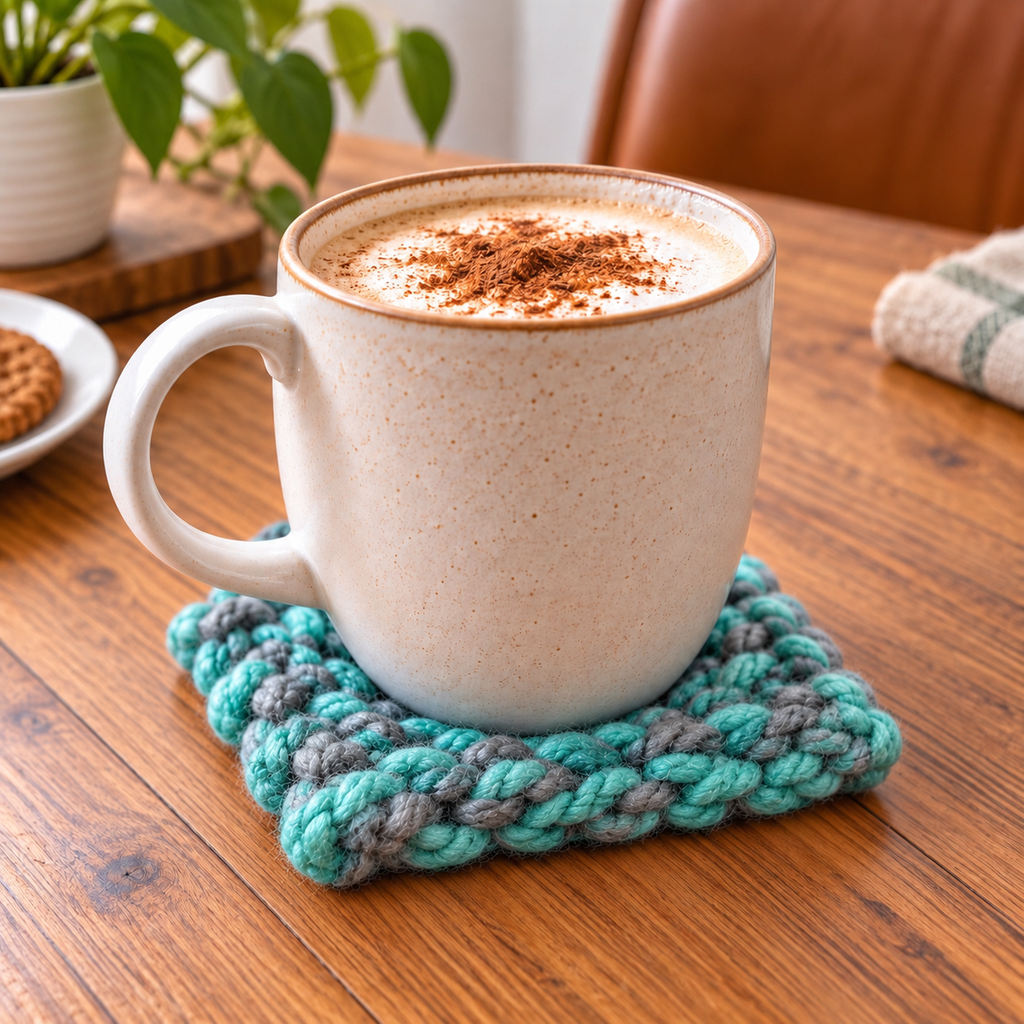 TURQUOISE & GREY HAND KNITTED COASTER SET