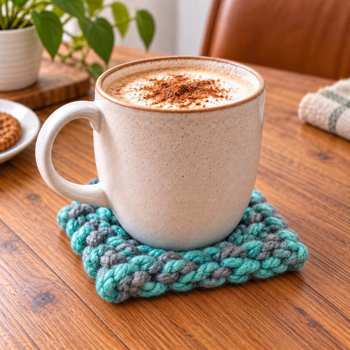TURQUOISE & GREY HAND KNITTED COASTER SET