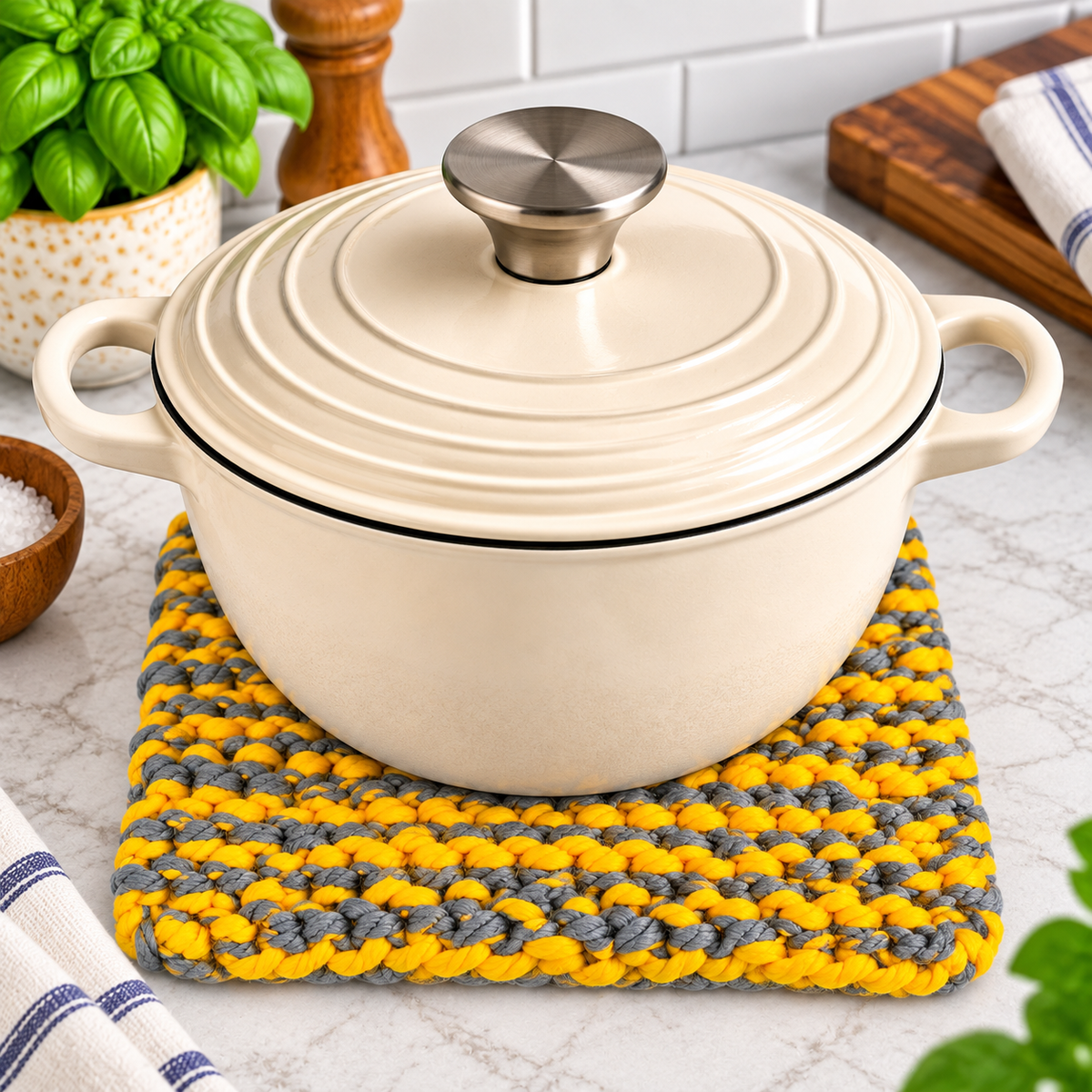 ORANGE & GREY HAND KNITTED TRIVET/POT STAND
