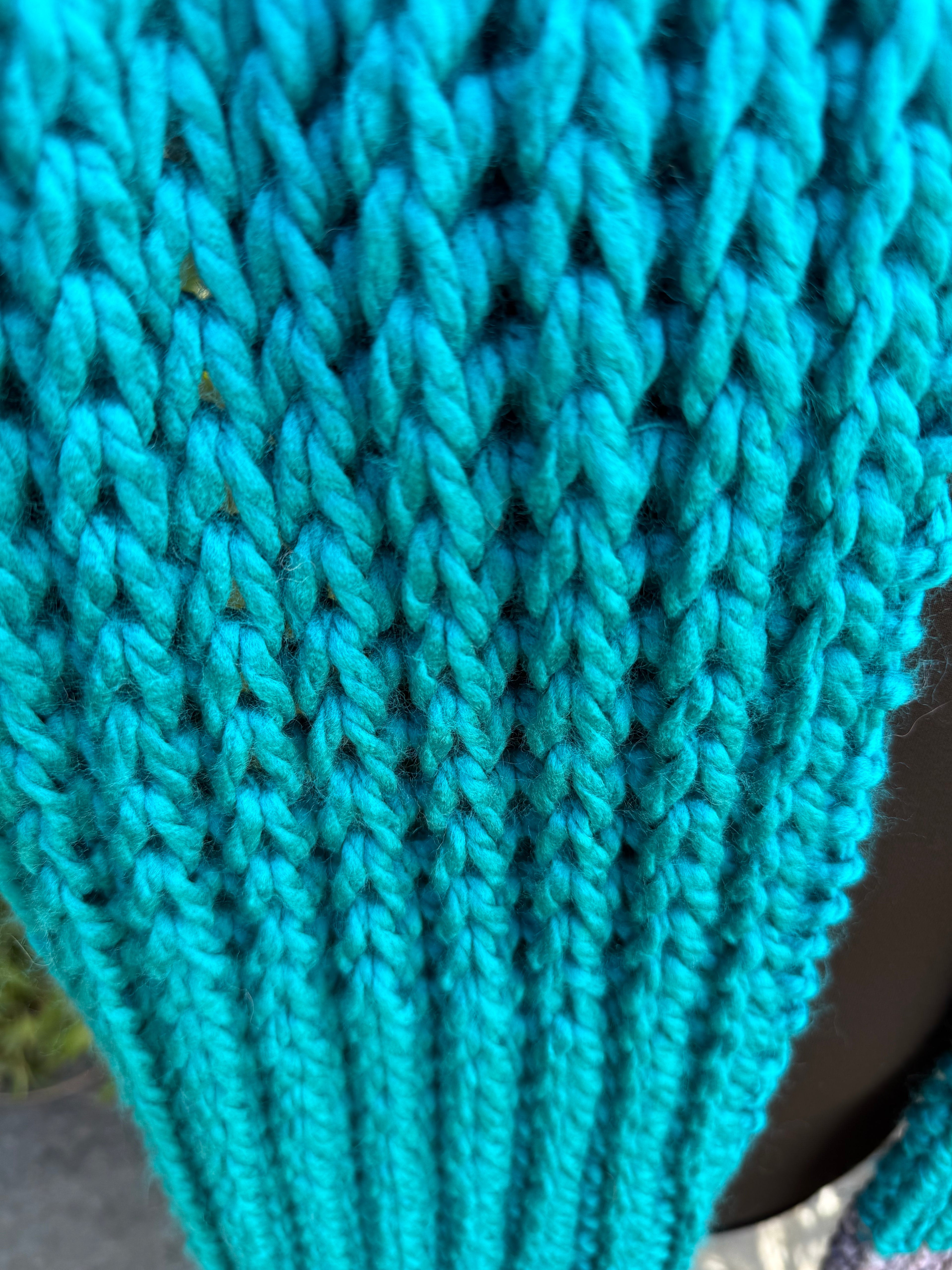 Hand knitted Teal & Grey chunky rib pattern scarf