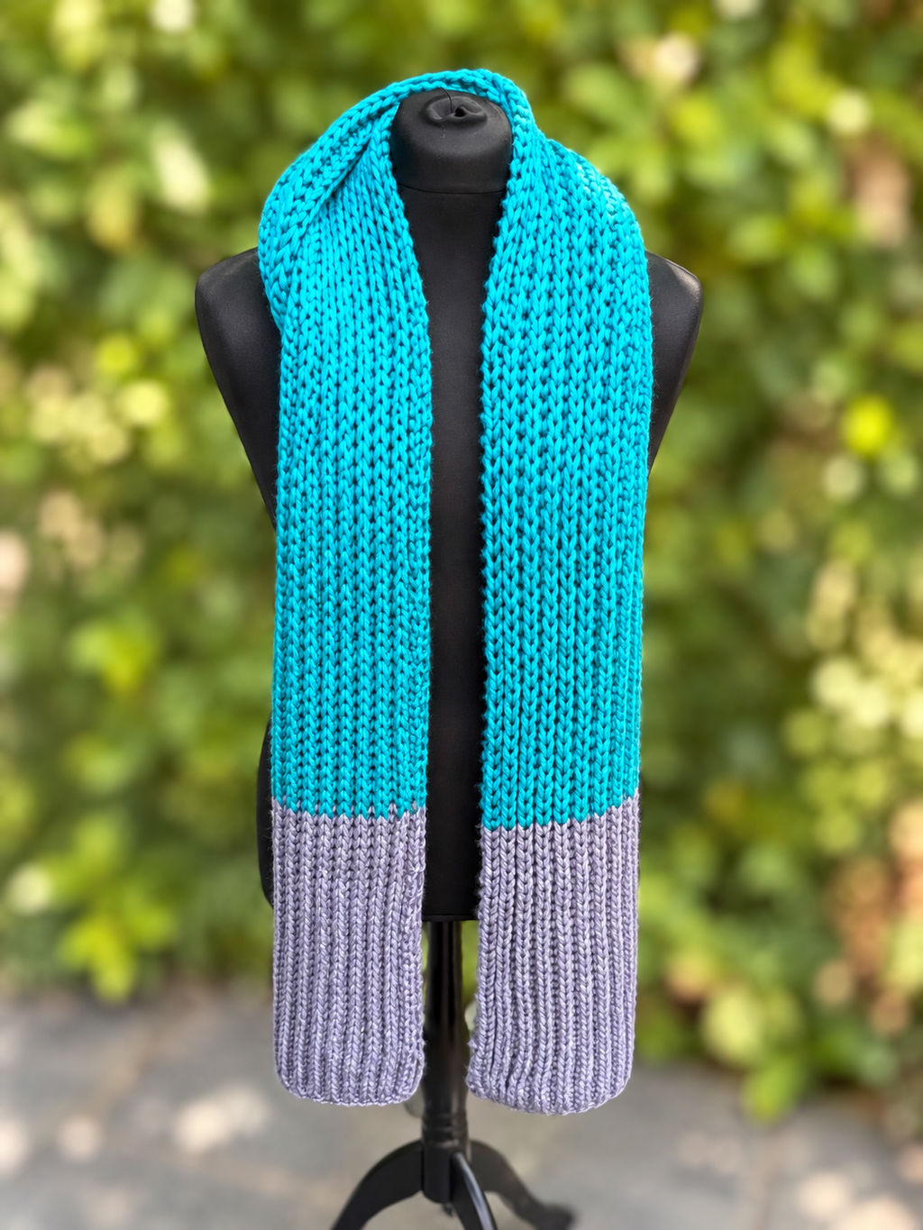 Hand knitted Teal & Grey chunky rib pattern scarf