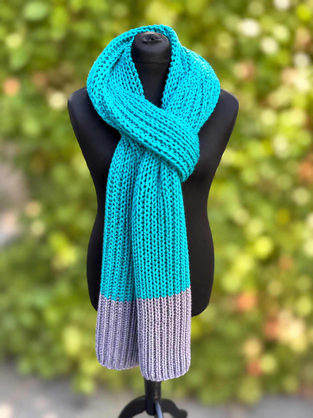 Hand knitted Teal & Grey chunky rib pattern scarf