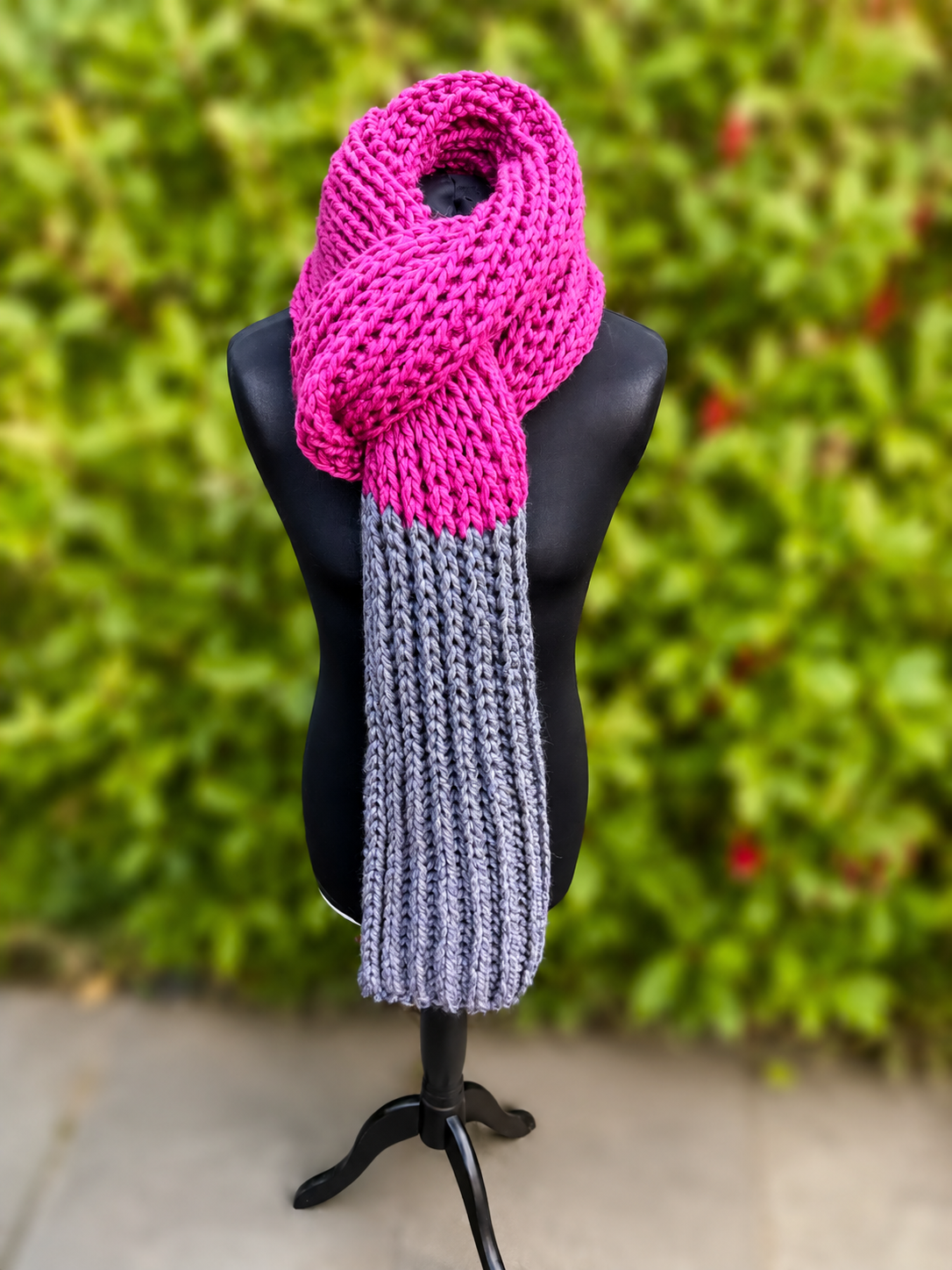 Hand knitted Dark Pink & Grey chunky rib pattern scarf
