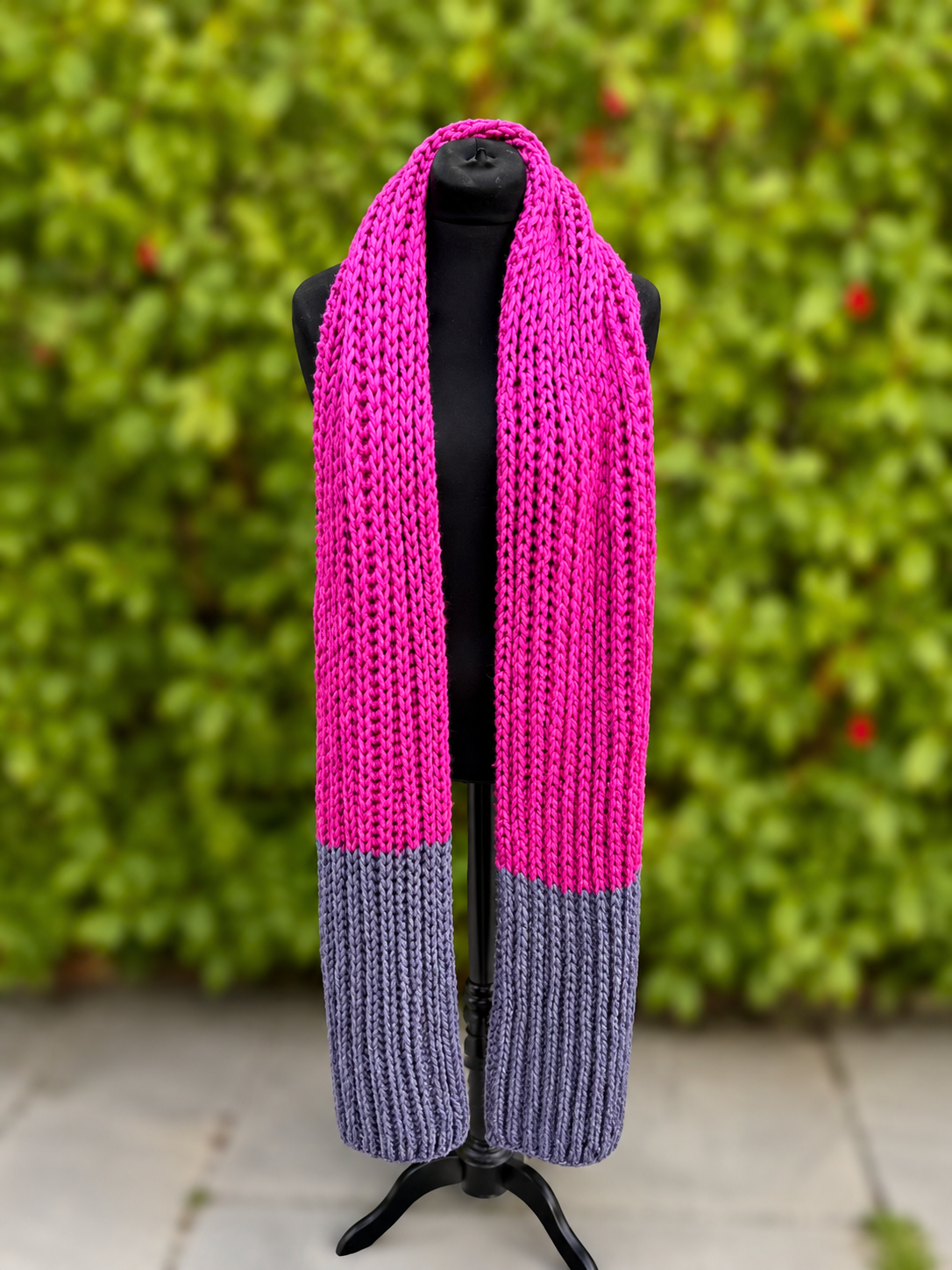 Hand knitted Dark Pink & Grey chunky rib pattern scarf