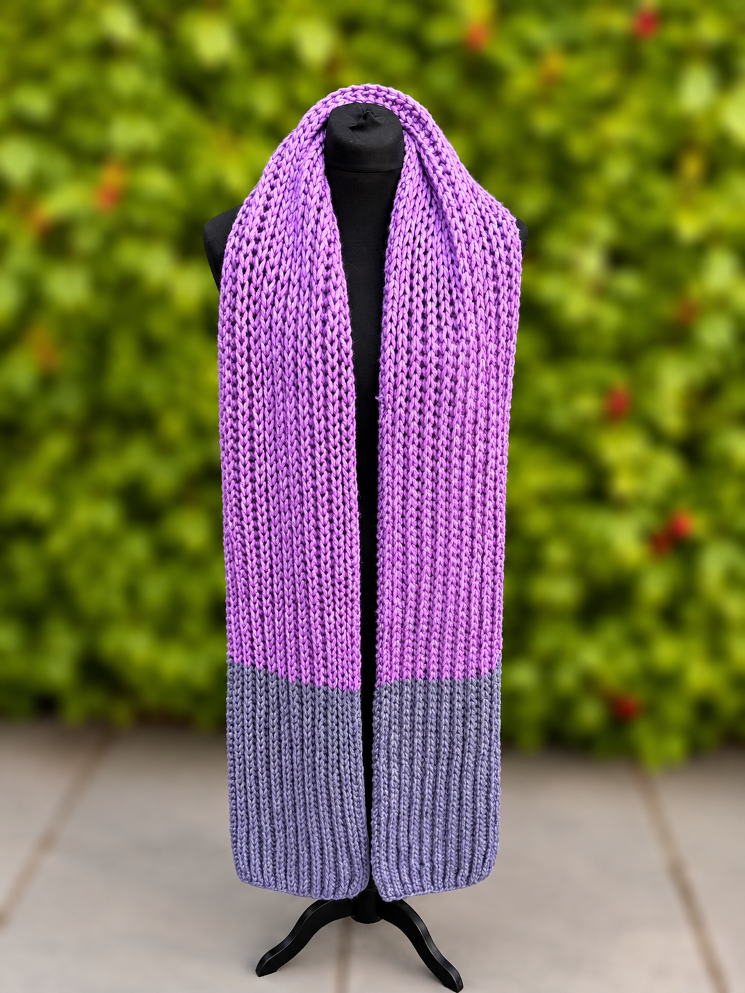 Hand knitted Purple & Grey chunky rib pattern scarf
