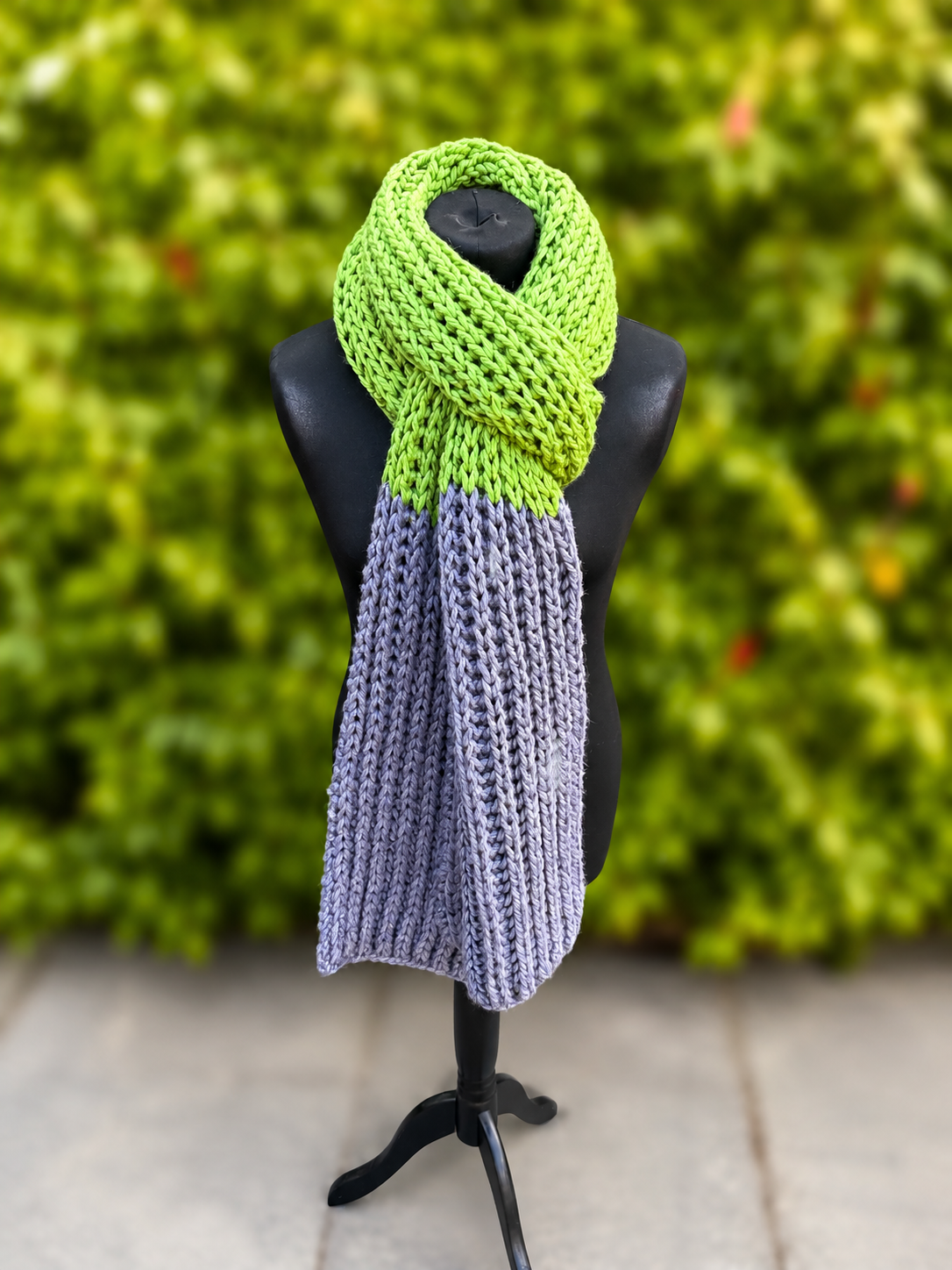 Hand knitted Green & Grey chunky rib pattern scarf