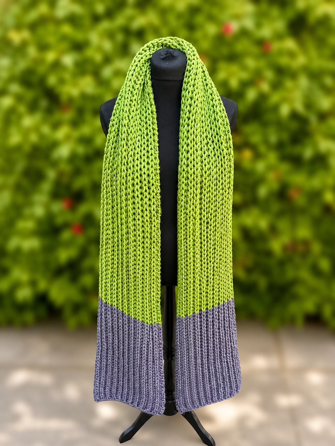 Hand knitted Green & Grey chunky rib pattern scarf