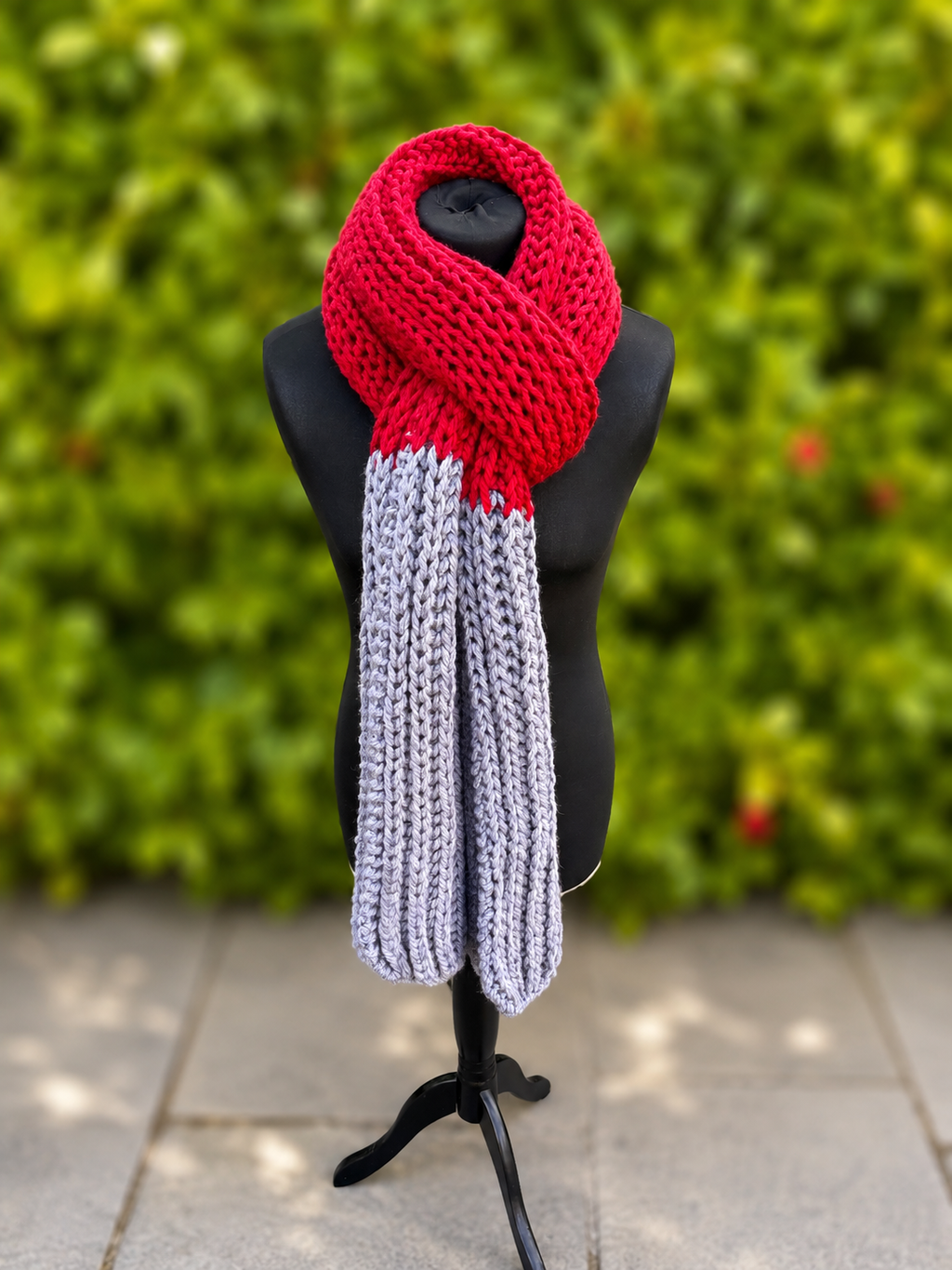 Hand knitted Red & Grey chunky rib pattern scarf
