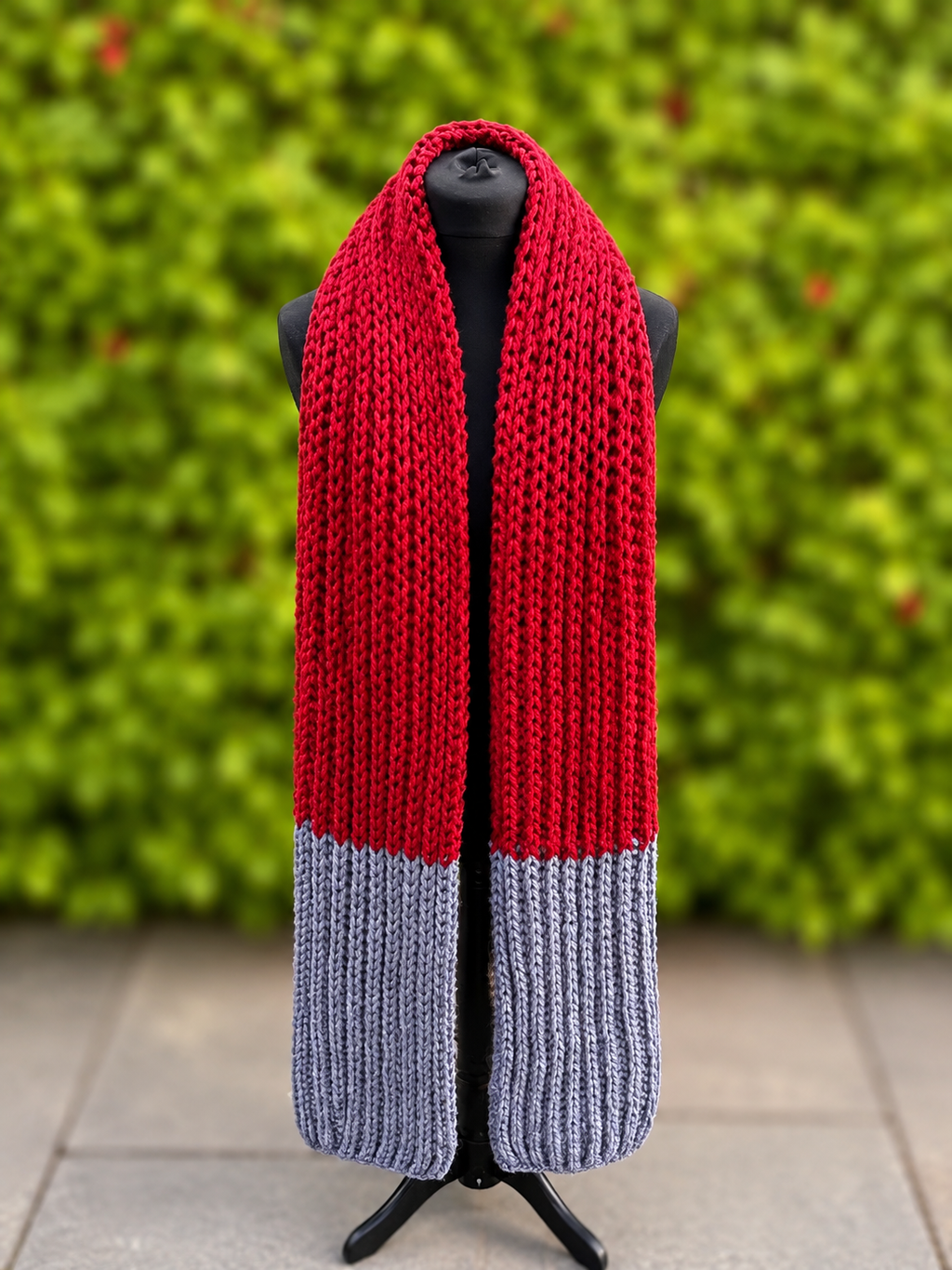 Hand knitted Red & Grey chunky rib pattern scarf